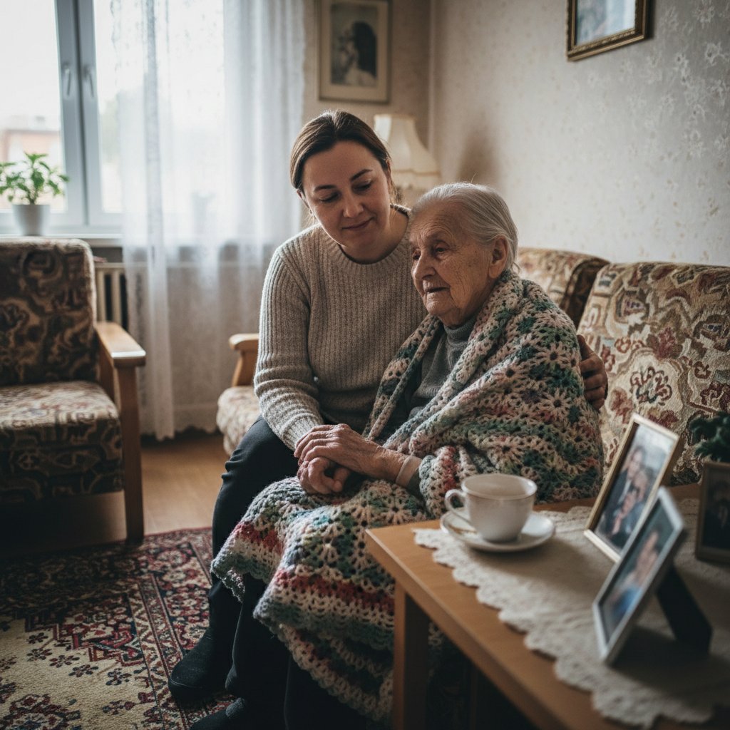 Zmęczony opiekun z pacjentem z otępieniem w skromnym polskim domu, smutek i czułość