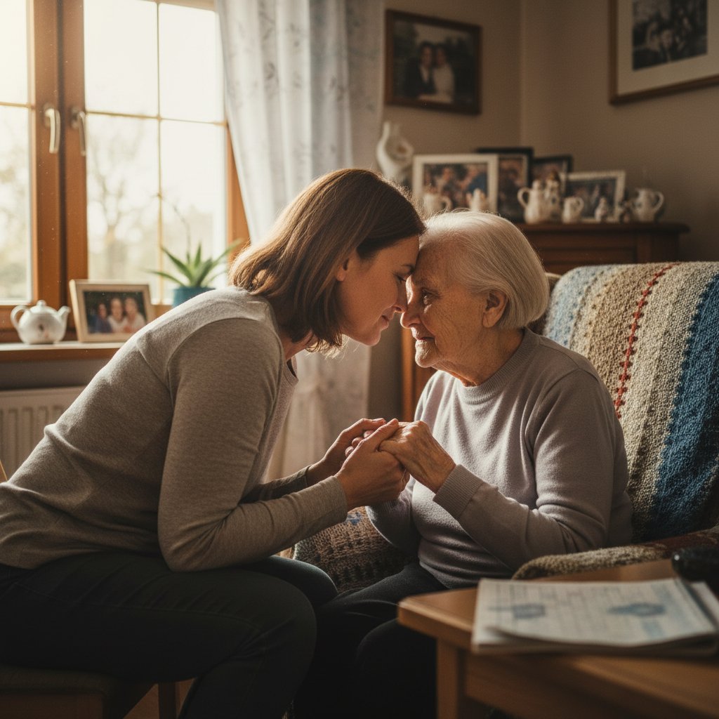 Polska opiekunka w średnim wieku troszczy się o starszego rodzica w domowych warunkach, wyraźne emocje i codzienny trud opieki