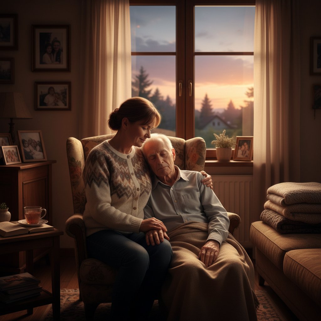 Opiekun wspierający pacjenta z chorobą serca w polskim domu, wieczorne światło, autentyczna scena codziennej opieki
