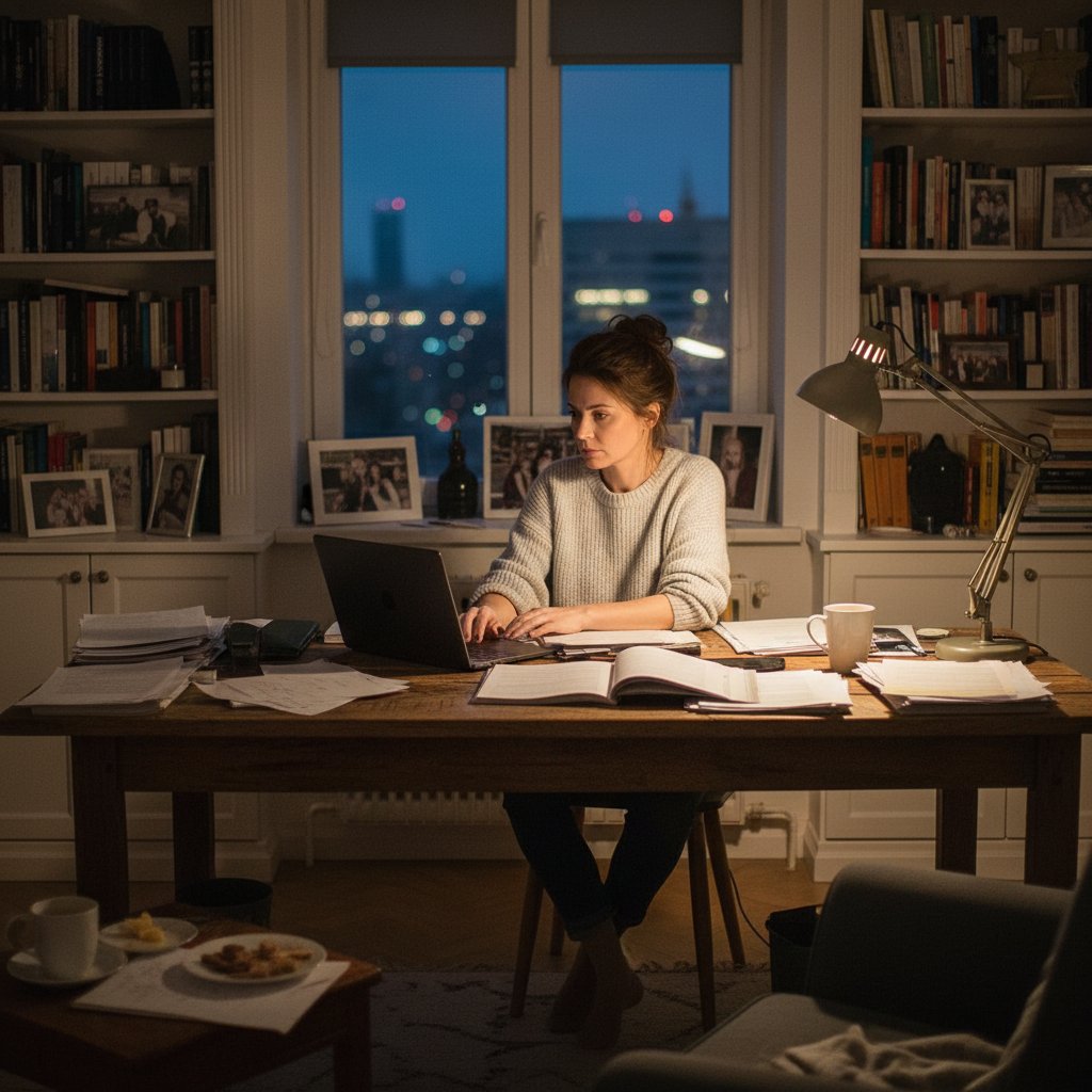 Znana postać publiczna pracująca późnym wieczorem w domowym biurze, symbolizująca walkę z chronotypem