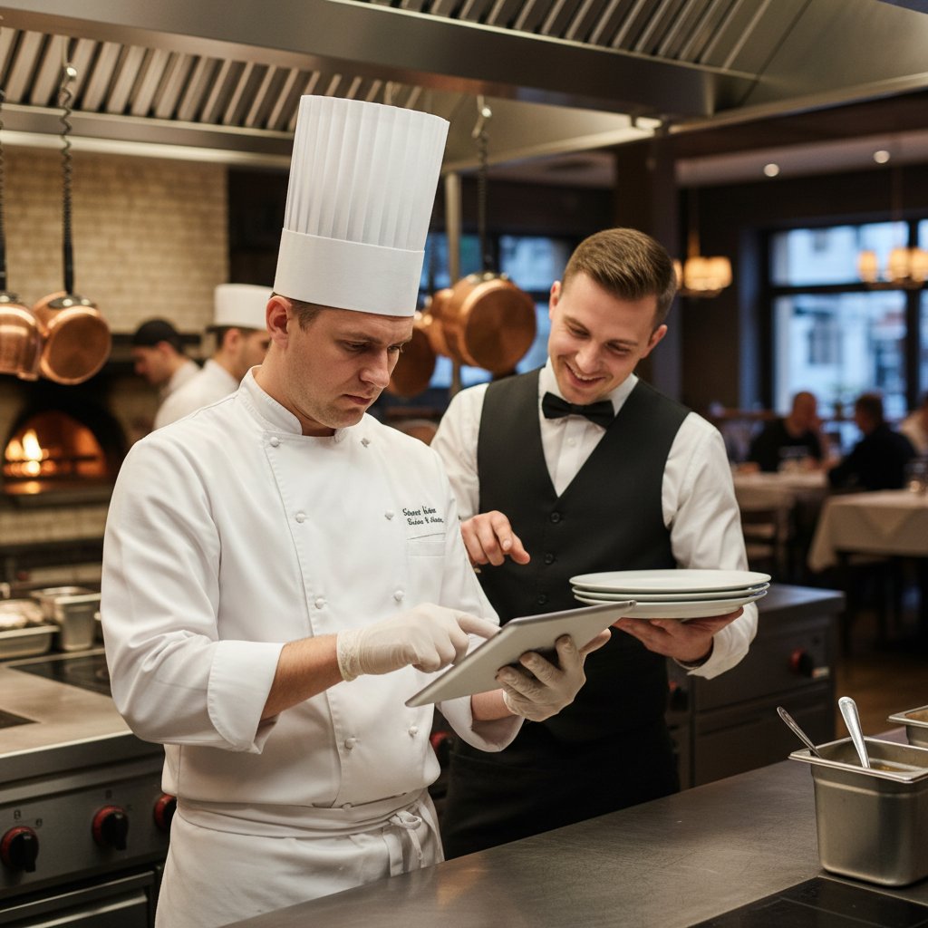 Szef kuchni i kelner pracujący z tabletem w polskiej restauracji, nowoczesny wystrój, wieczorne światło