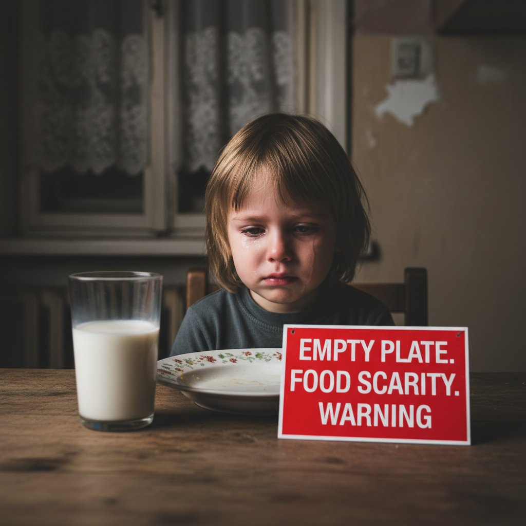 Dziecko przy stole z pustym talerzem, szklanka mleka, znak ostrzegawczy