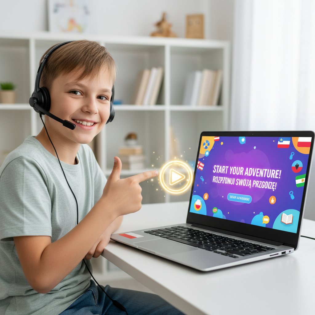 Polskie dziecko z uśmiechem zaczyna naukę rosyjskiego online, pewność siebie, nowa przygoda