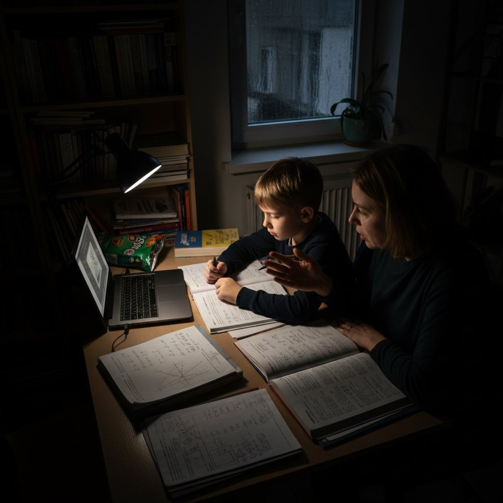 Dziecko w drugim klasie z laptopem z frustracją rodzica w tle, matematyka online