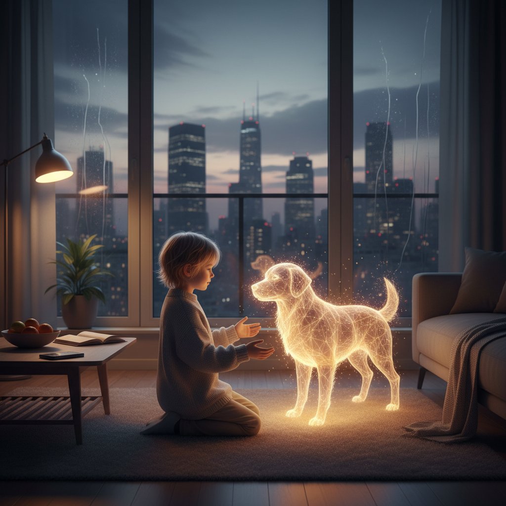 Dziecko trzymające tablet z realistycznym psem cyfrowym, wieczorne światło w mieszkaniu – symulator opieki nad psem i emocjonalna bliskość