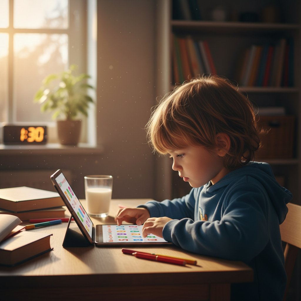 Dziecko koncentruje się na ekranie tabletu, matematyka klasa 3 online, psychologia uczenia, domowe środowisko