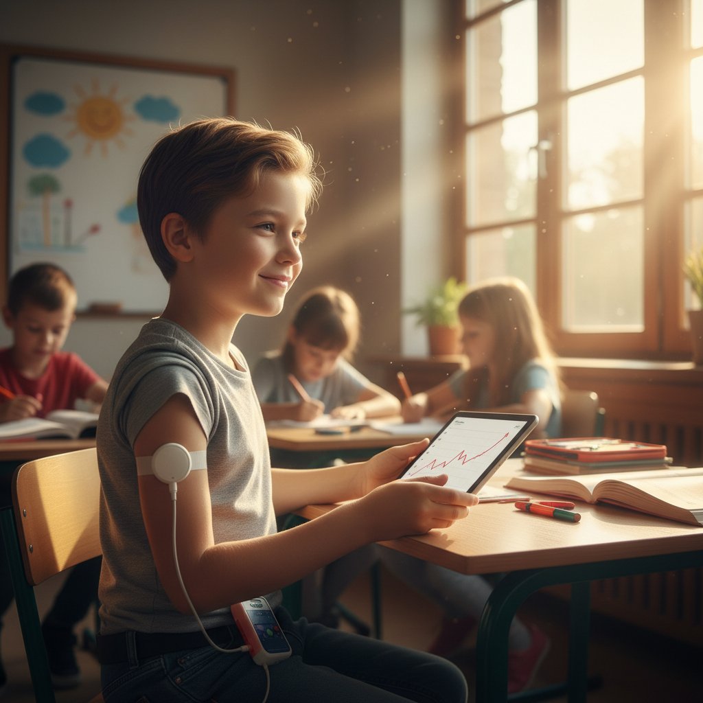 Dziecko z glukometrem na ramieniu w klasie, cukrzyca typu 1 u dzieci