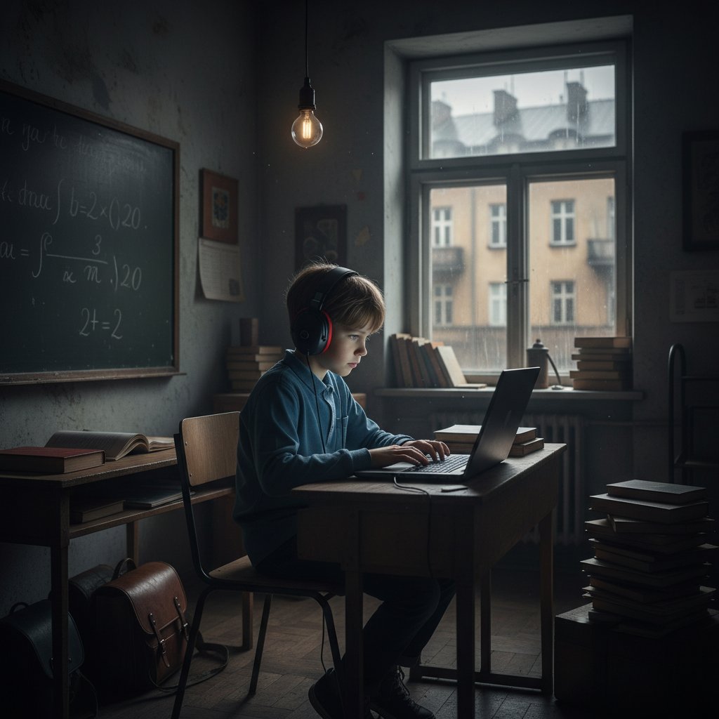 Dziecko uczy się angielskiego online, w tle tradycyjna klasa w cieniu