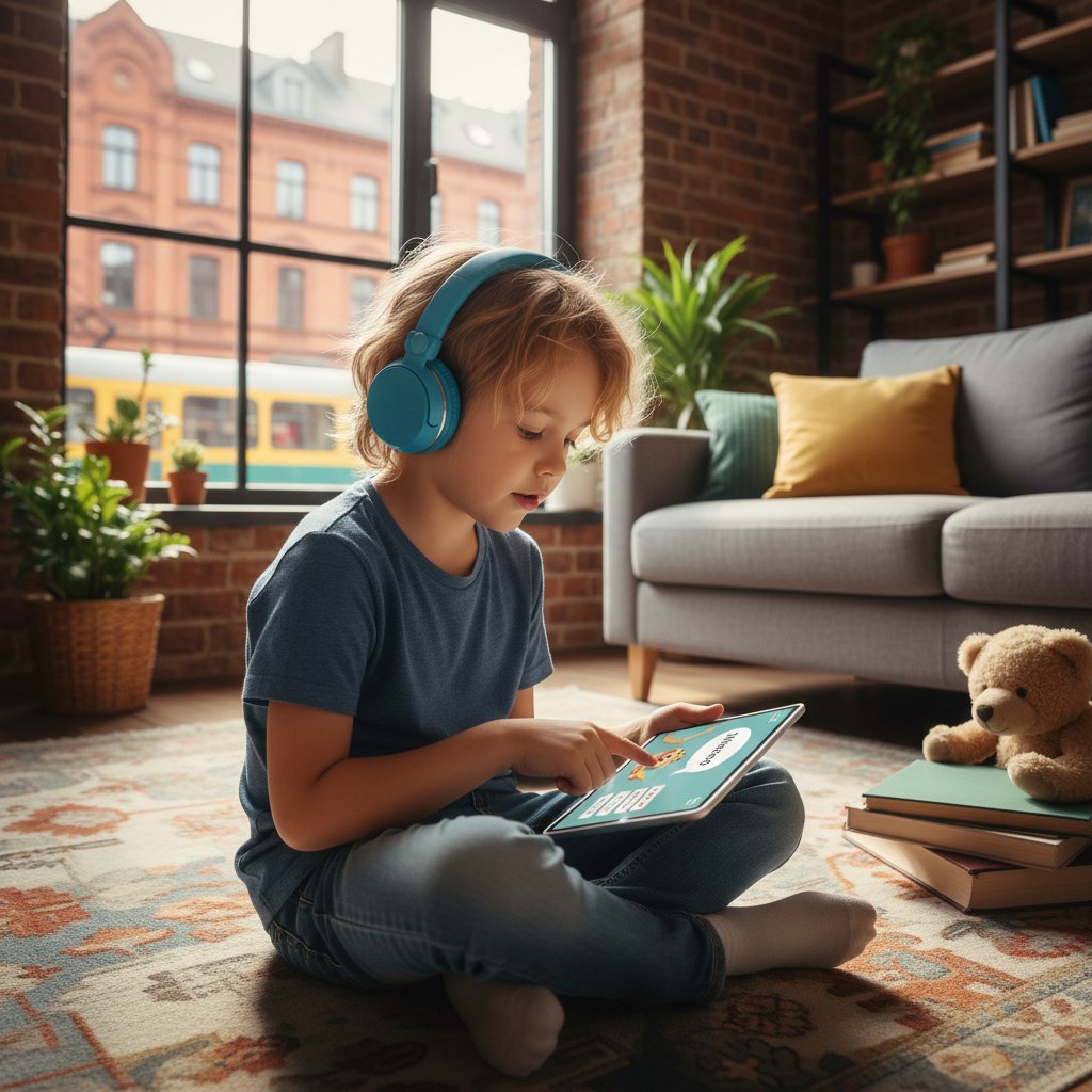 Polskie dziecko z słuchawkami, uczące się hiszpańskiego online w domowym otoczeniu