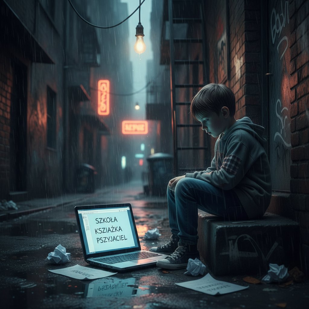 Dziecko z dysortografią pracujące na laptopie, w tle widoczne kartki z błędami ortograficznymi