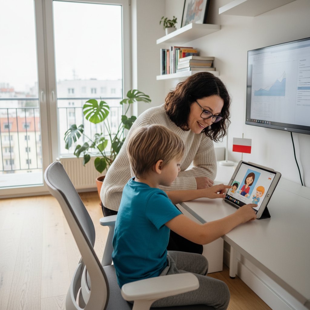 Dziecko podczas lekcji online, z rodzicem obserwującym z boku, w polskim mieszkaniu pełnym nowoczesnych technologii