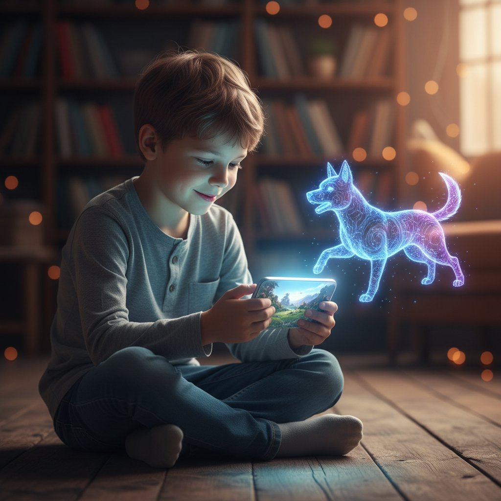 Dziecko z wirtualnym psem na ekranie smartfona, rozmazane tło wskazujące na dysonans między światem realnym i cyfrowym