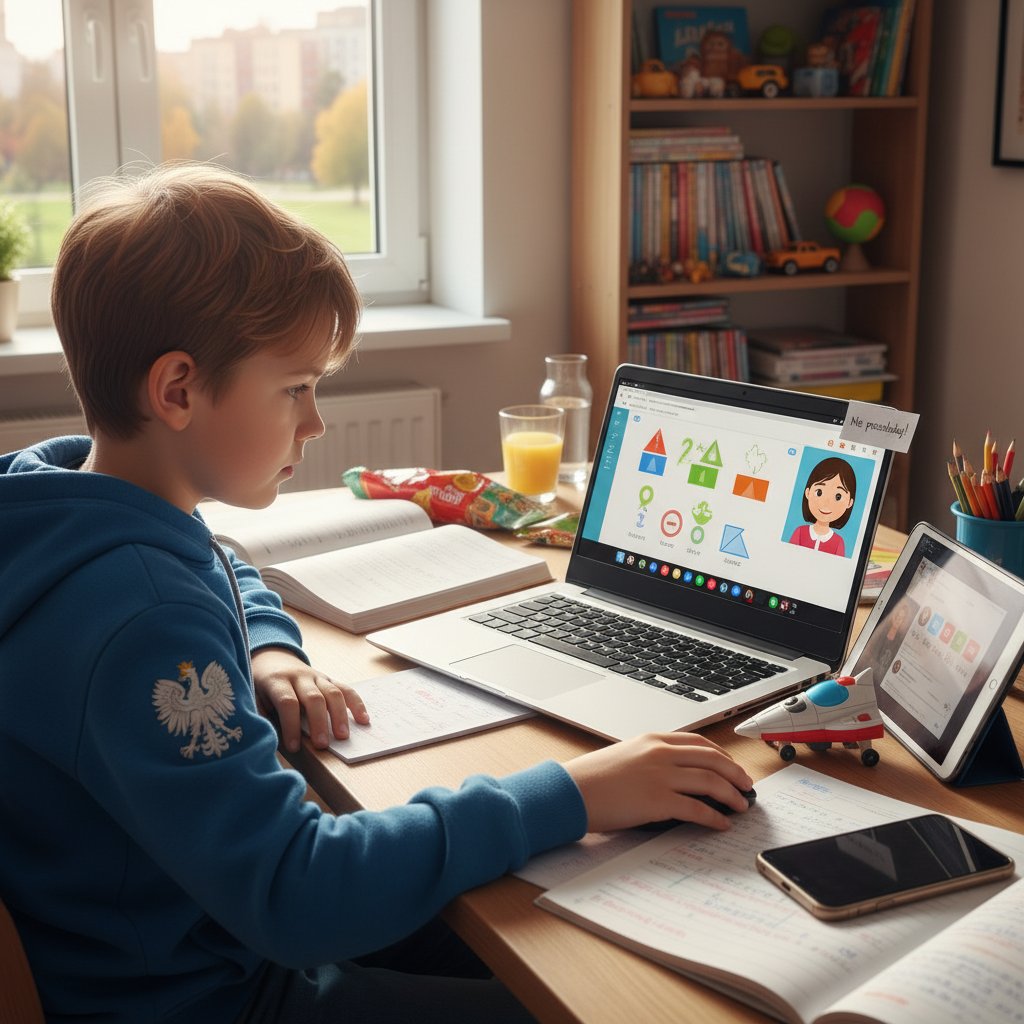 Polskie dziecko korzysta z platformy matematycznej online, ekran laptopa, koncentracja i rozproszenie