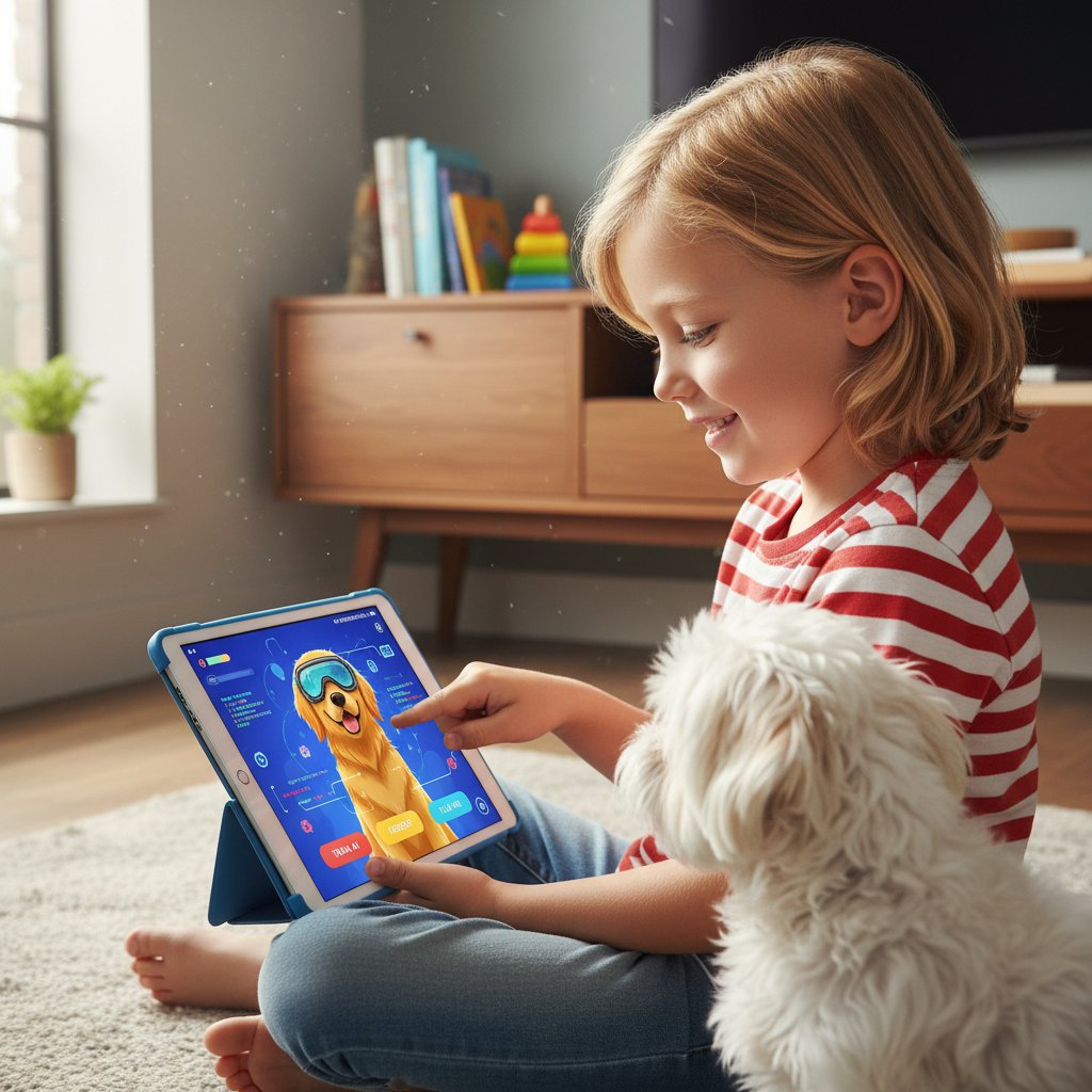Dziecko korzystające z aplikacji piesek AI na tablecie, w tle realistyczny piesek na ekranie