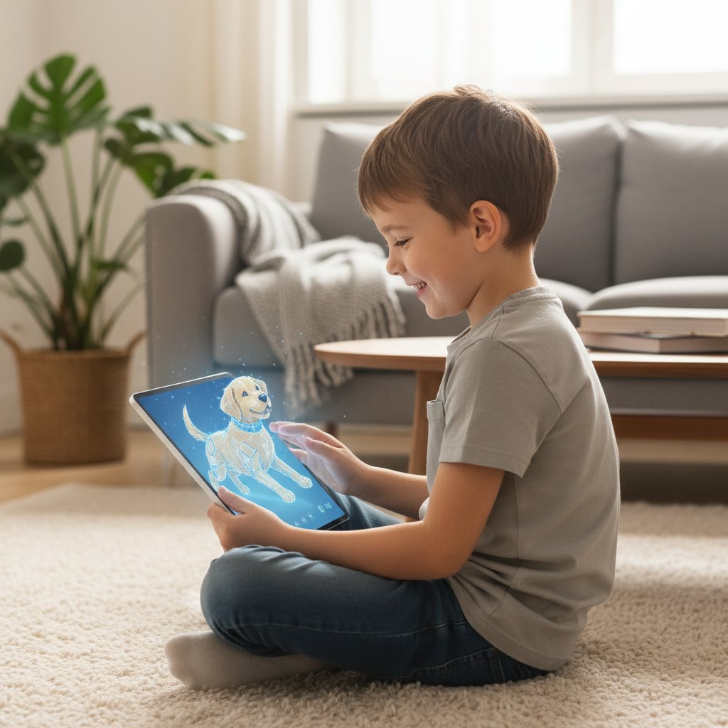 Dziecko grające w grę edukacyjną o psach na tablecie w nowoczesnym salonie, widoczna więź emocjonalna