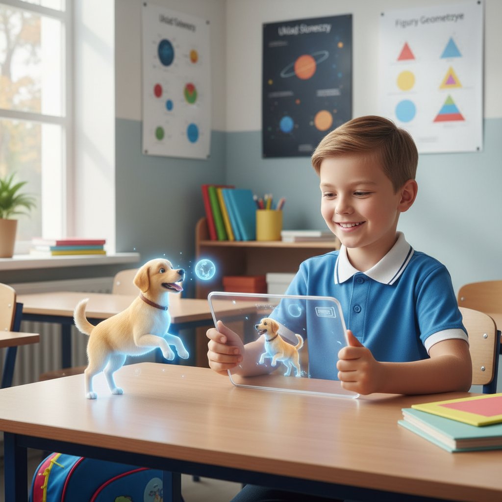 Dziecko opiekujące się wirtualnym psem na tablecie w szkole, plakaty edukacyjne