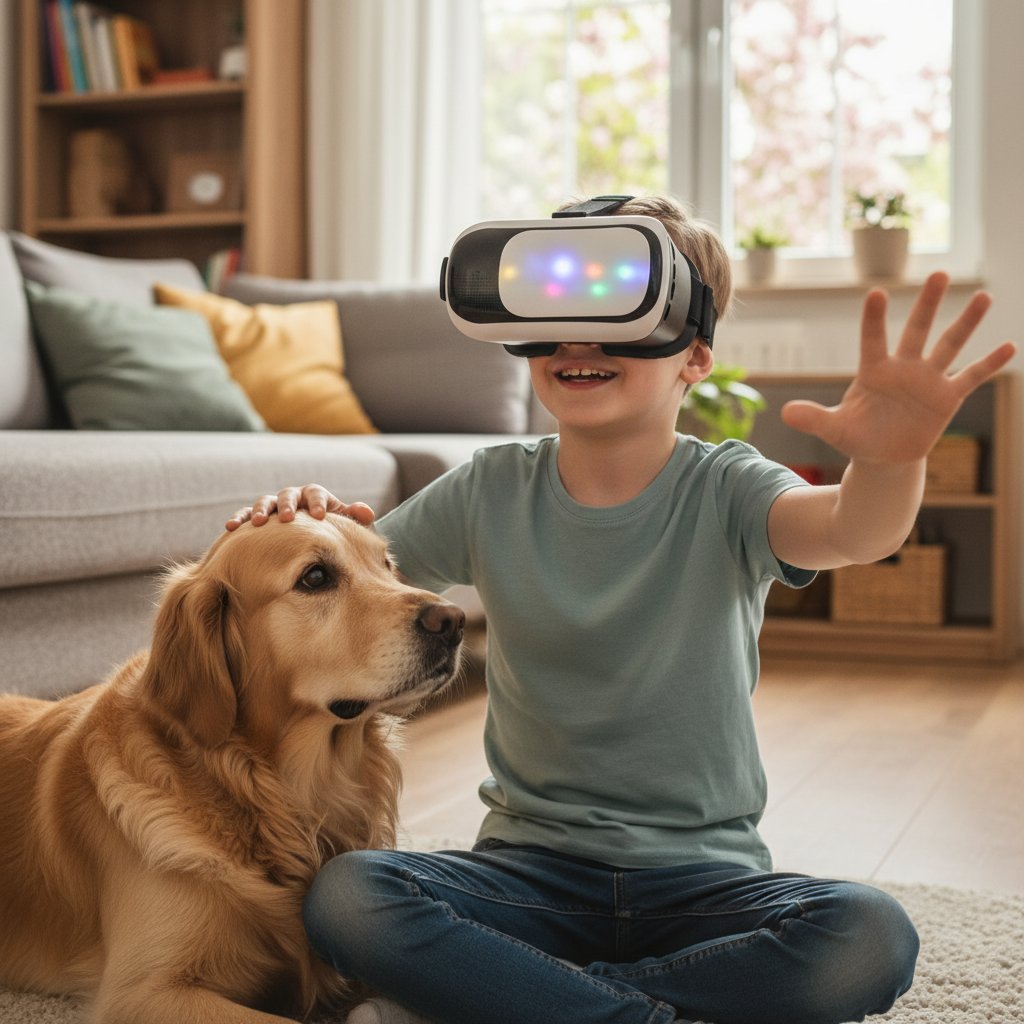 Chłopiec w okularach VR wyciąga rękę do realistycznego psa wirtualnego w salonie