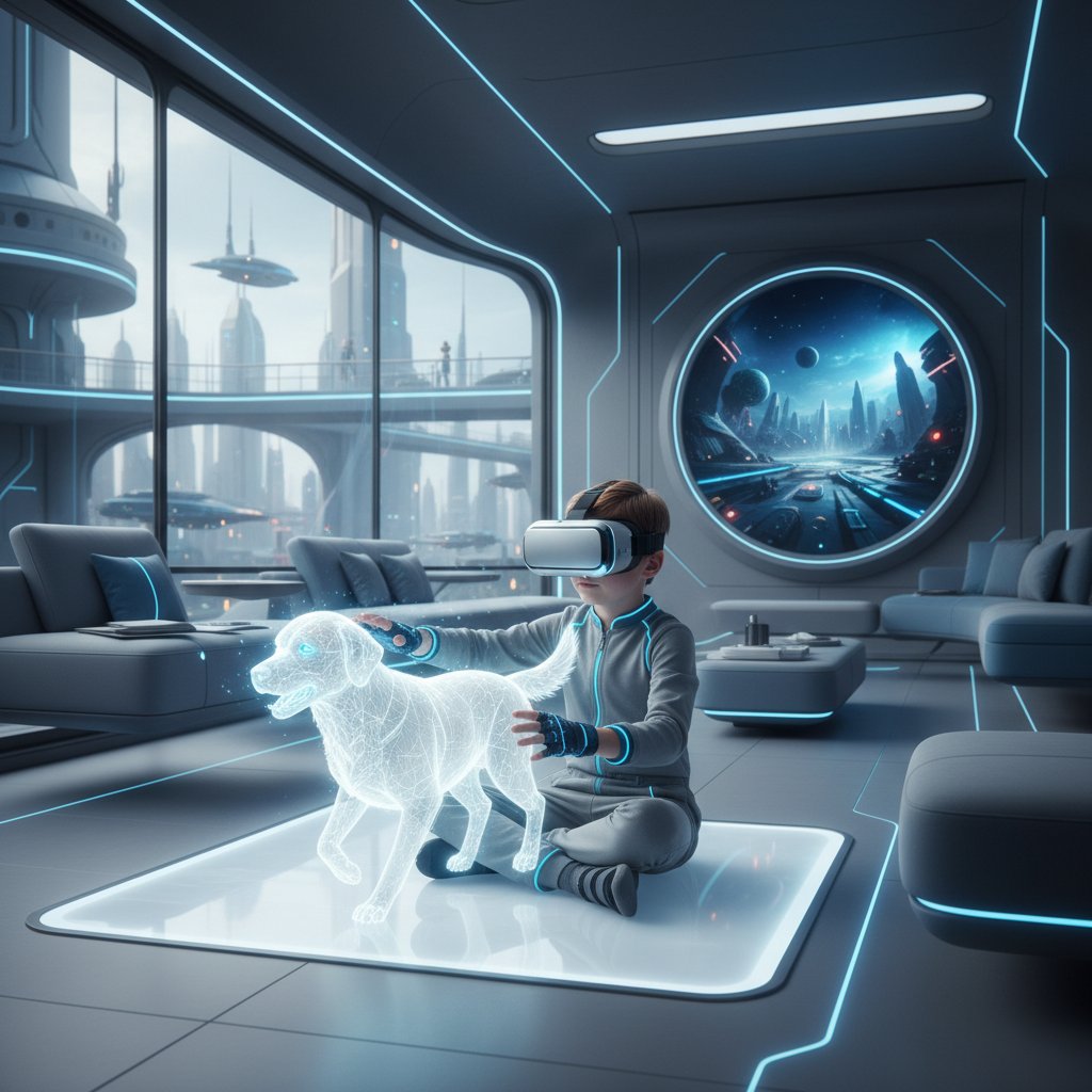 Dziecko w okularach VR, trzymające wirtualnego psa w przestrzeni mieszkania – przyszłość relacji z cyfrowymi pupilami