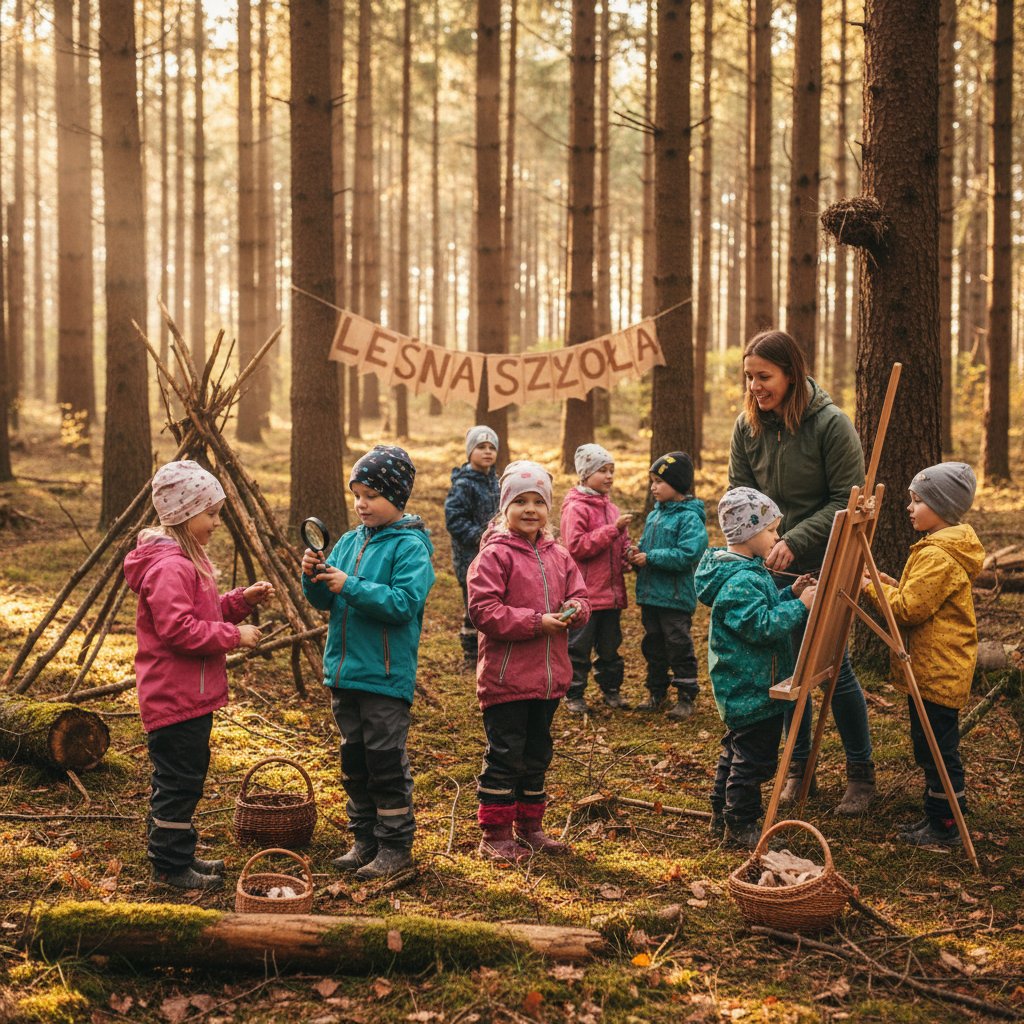 Dzieci podczas szkolnej aktywności w lesie, wsparcie emocjonalne i rozwój przez kontakt z naturą