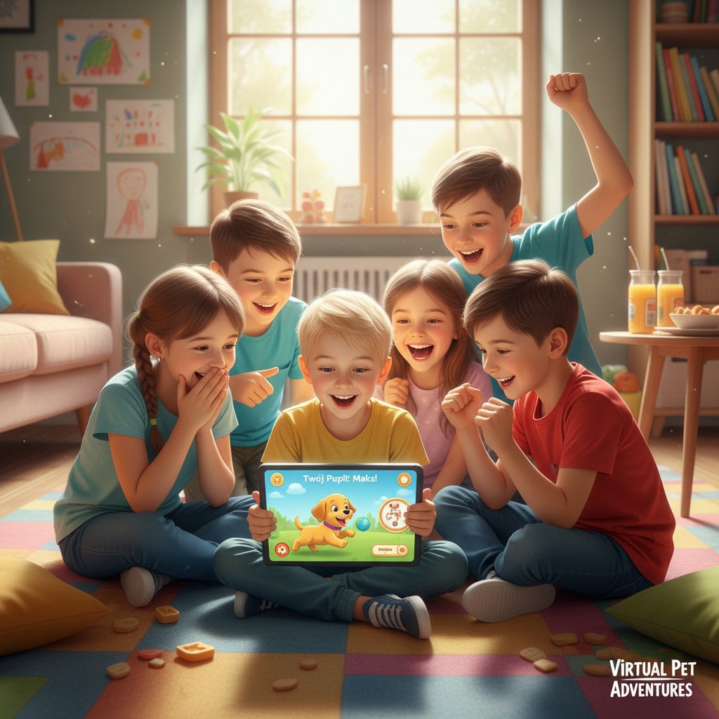 Grupa polskich dzieci bawi się wspólnie przy jednym tablecie z aplikacją pies symulator adopcji