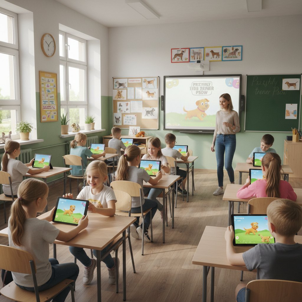 Dzieci w polskiej szkole korzystające z symulatora psa na tabletach, naturalne światło, autentyczna interakcja
