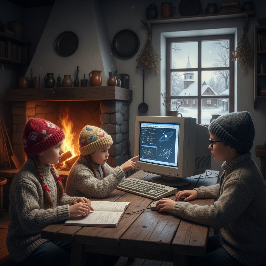 Polskie dzieci uczące się fizyki online na wsi przy starym komputerze