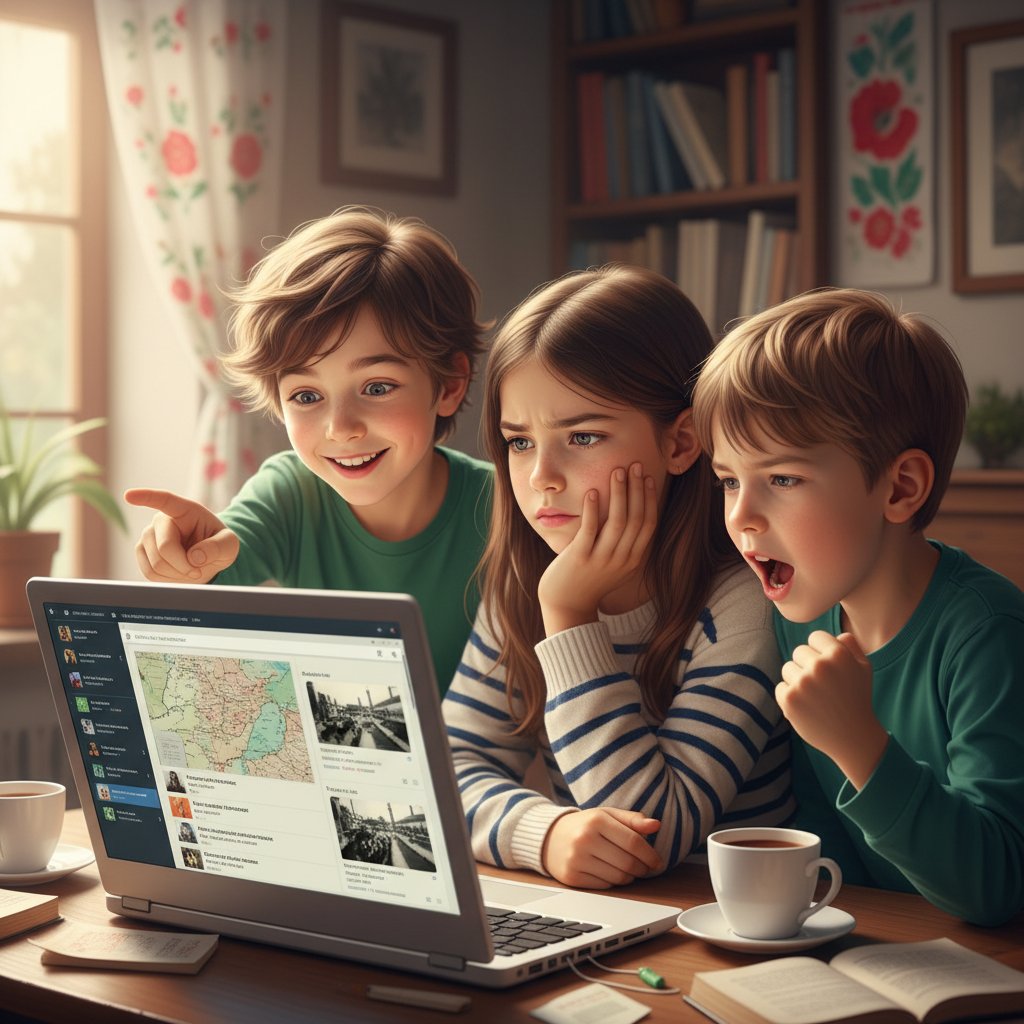 Dzieci rozmawiają o lekcjach historii online, grupa różnorodnych uczniów, żywa gestykulacja