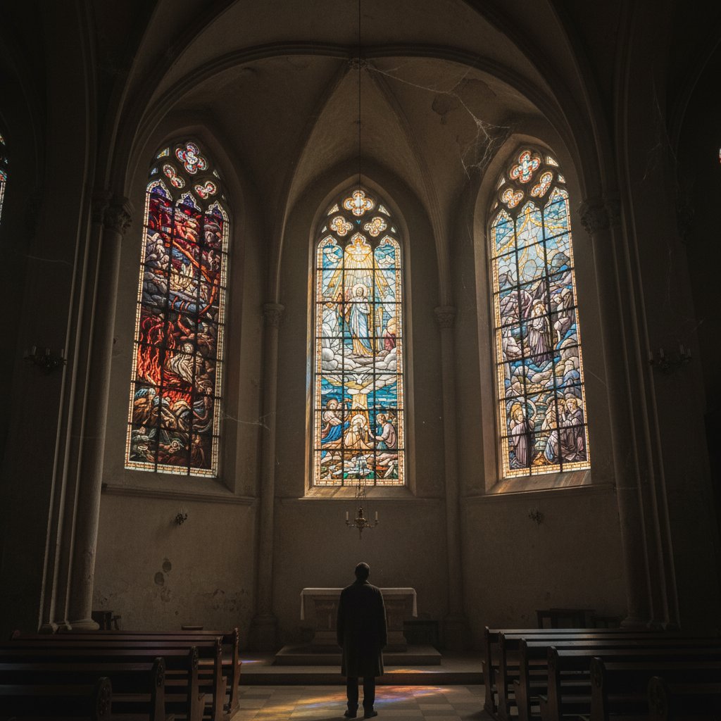 Wnętrze polskiego kościoła z witrażem symbolizującym życie po śmierci