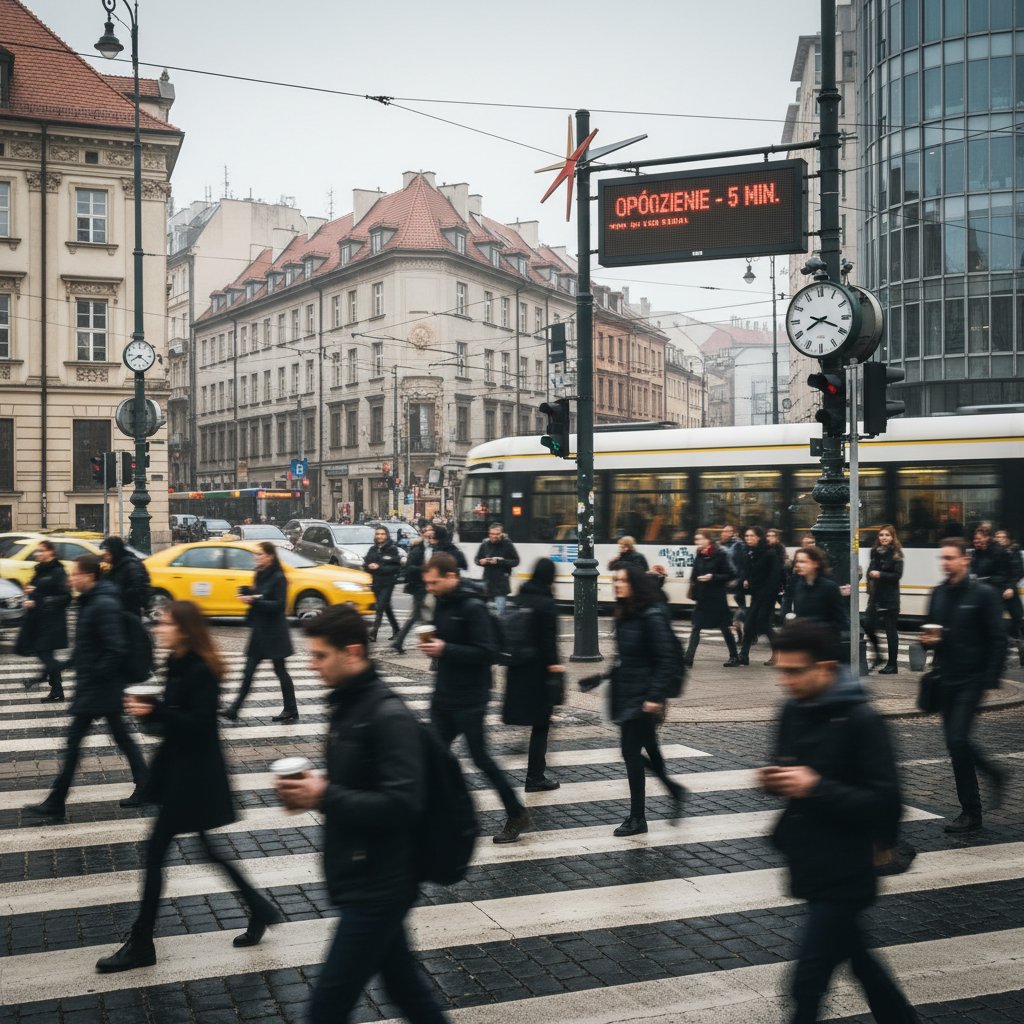 Polscy pracownicy w pośpiechu na ulicach miasta, presja czasu i tempo życia