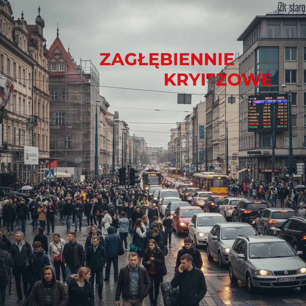 Grupa ludzi w polskim mieście, stres widoczny na twarzach, szybkie tempo życia, ruch uliczny w tle