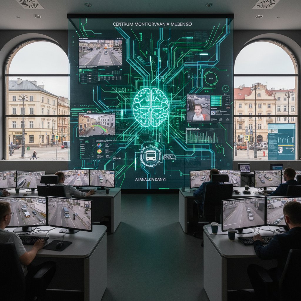 Pracownik w polskim centrum monitoringu miejskiego – AI w codziennym życiu w Polsce