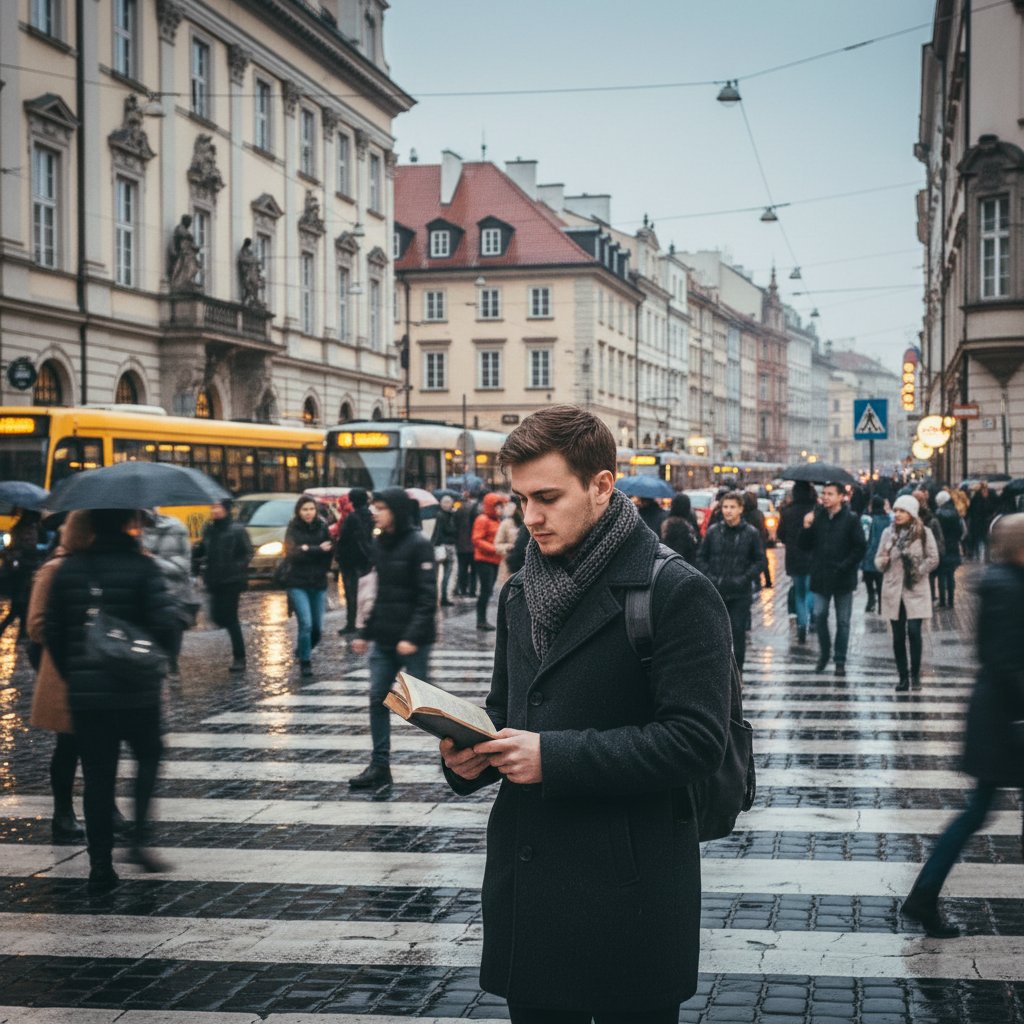 Zdjęcie młodej osoby stojącej na ruchliwym skrzyżowaniu w polskim mieście, z zamyśloną miną – codzienny stres i wyzwania
