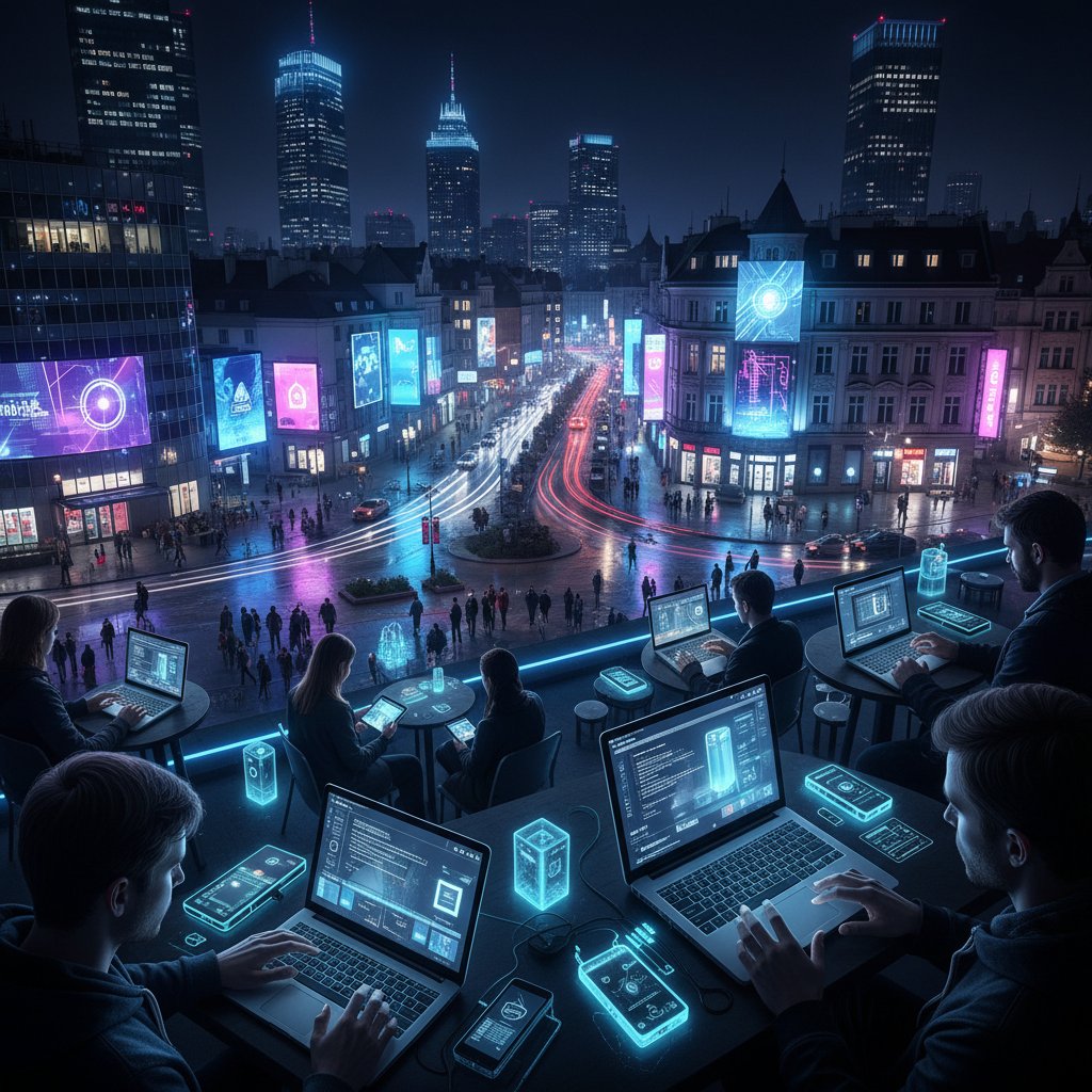 Nocny widok polskiego miasta z oświetleniem LED, ludzie korzystający ze smartfonów i laptopów – wizualizacja wszechobecnej fizyki ciała stałego