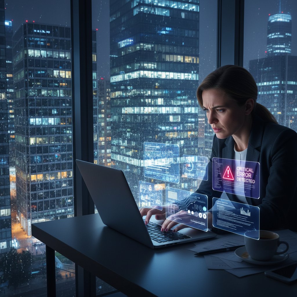 Wieczór w polskim mieście, światła biurowców, kobieta patrzy na laptopa z interfejsem AI, atmosfera napięcia
