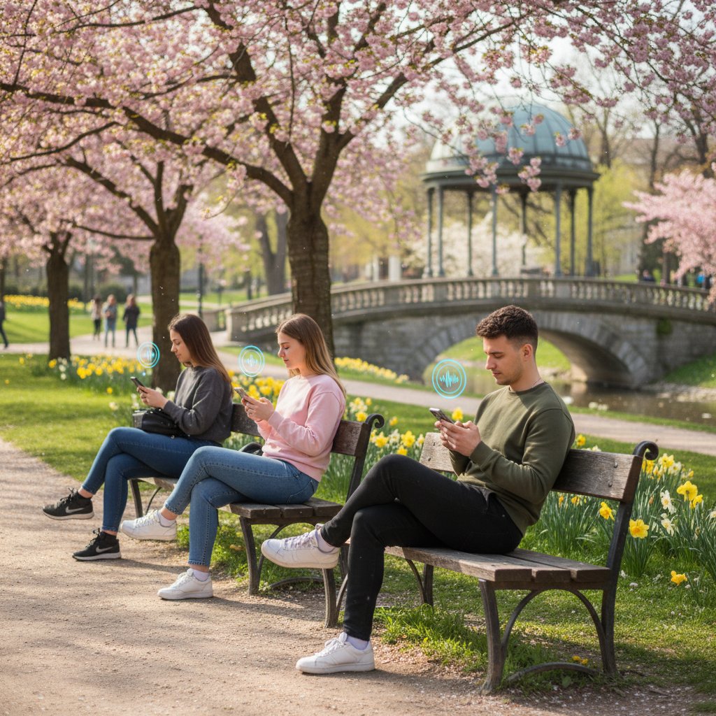 Młodzi Polacy medytują z aplikacją w miejskim parku na ławkach