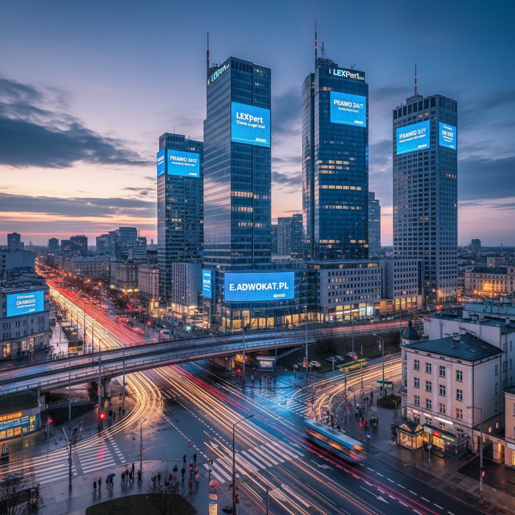 Panorama polskiego miasta z reklamami usług prawnych online o zmierzchu, neonowe światła