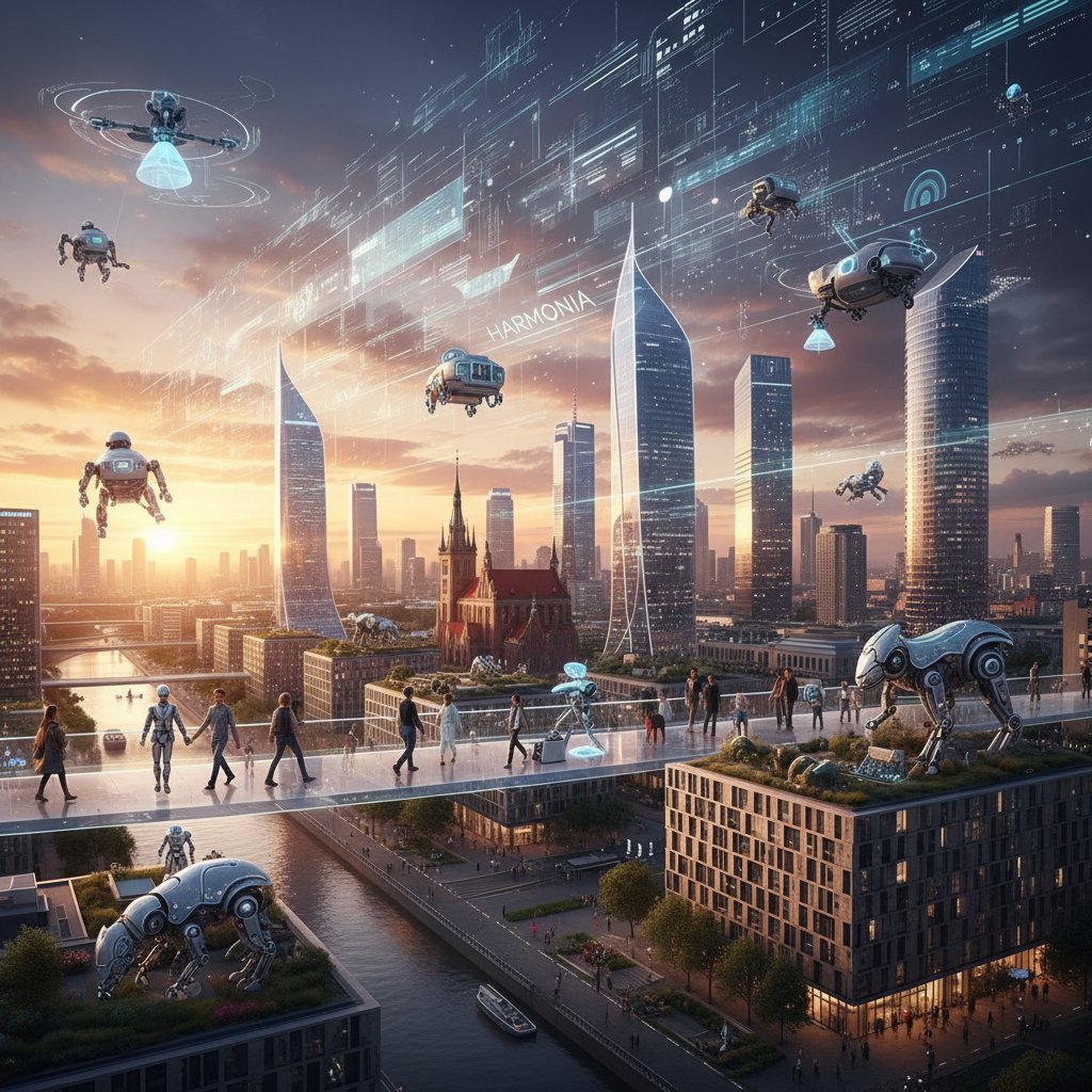 Wschód słońca nad polskim miastem z cyfrowymi nakładkami, roboty i ludzie razem, nowoczesność, optymizm