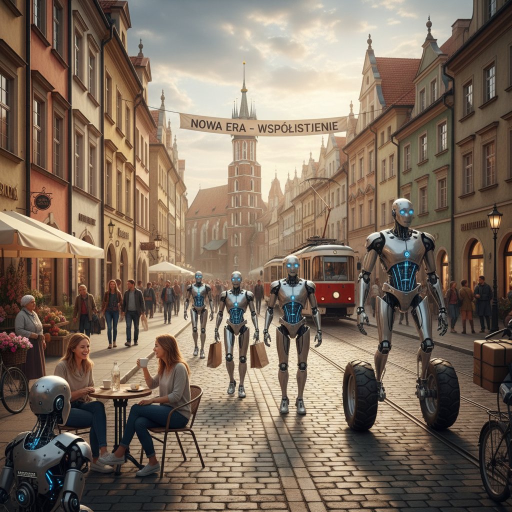 Ulica polskiego miasta z widocznym humanoidalnym robotem i ludźmi – symbol przyszłej koegzystencji
