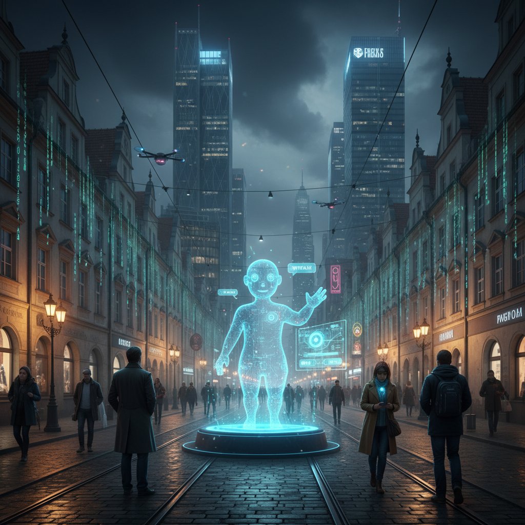 Nocna ulica w Polsce z digitalnymi hologramami i chatbotami – zderzenie tradycji i nowoczesności