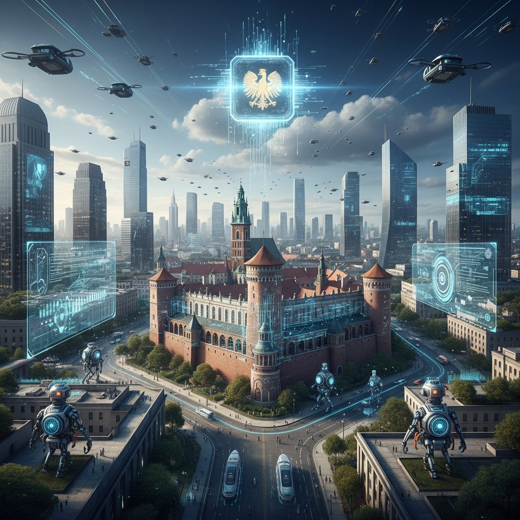 Polski krajobraz miejskiej rewolucji AI, z neonowymi światłami i postacią symbolizującą transformację cyfrową
