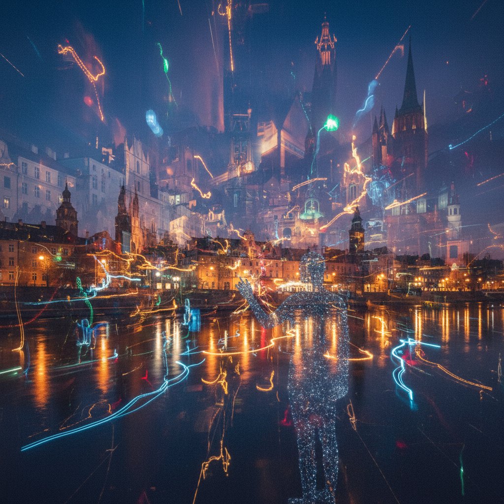 Polskie miasto symbolizujące chaos informacyjny i zanikanie pamięci, nocna panorama z rozmazanymi światłami