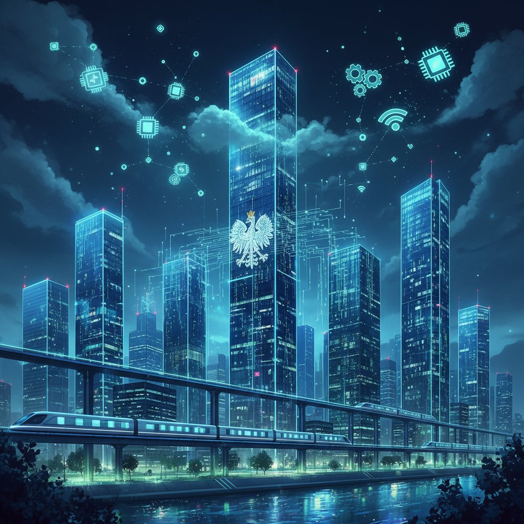 Panorama polskiego miasta z nałożonymi ikonami cyfrowymi i kodem