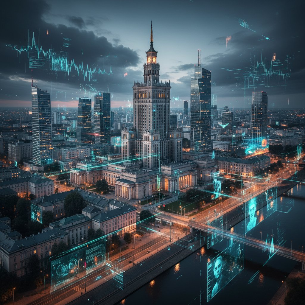 Cyfrowa transformacja w polskim biznesie, z widocznymi warstwami danych na tle miasta