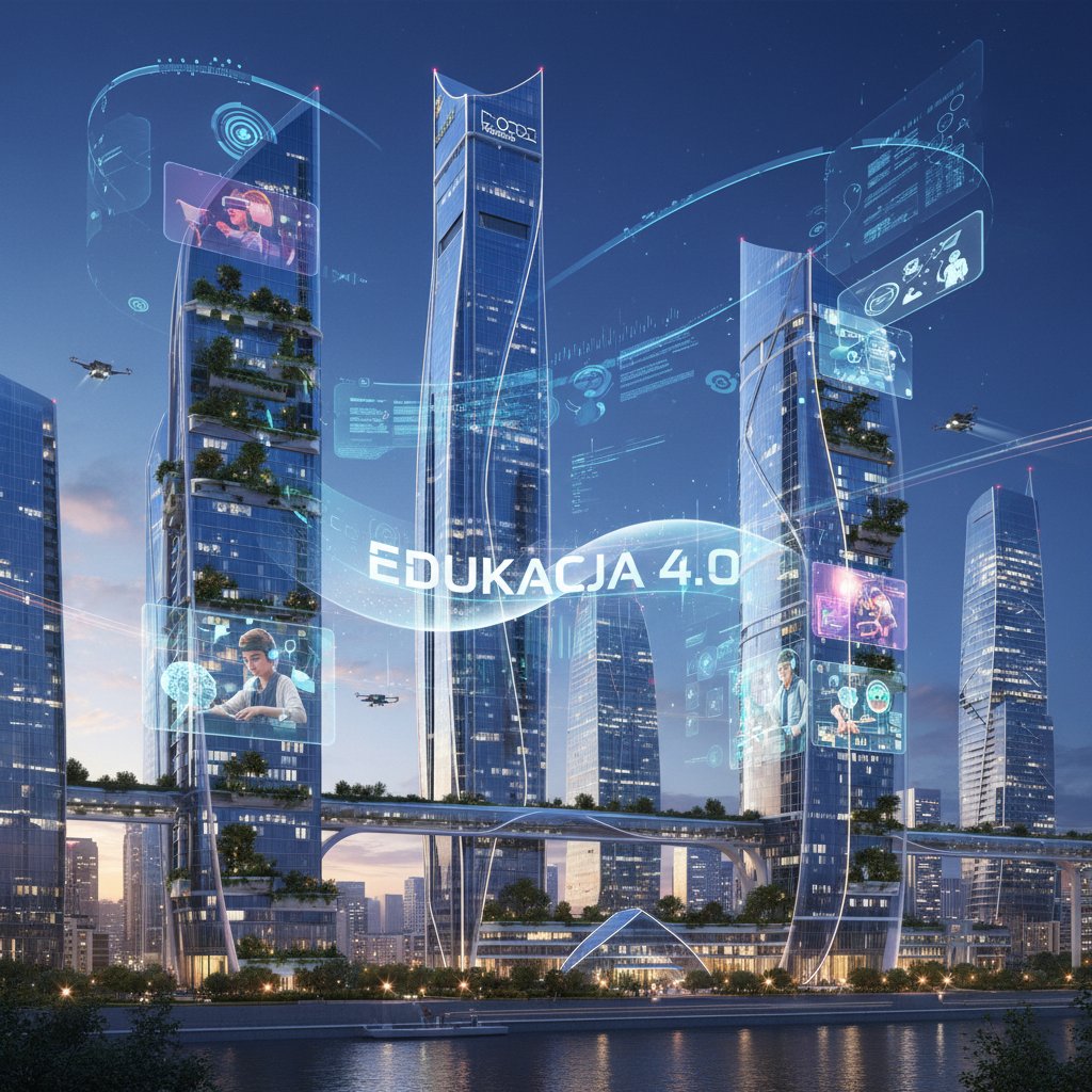 Polskie miasto z motywami cyfrowymi, symbol przyszłości edukacji, edukacja online Polska