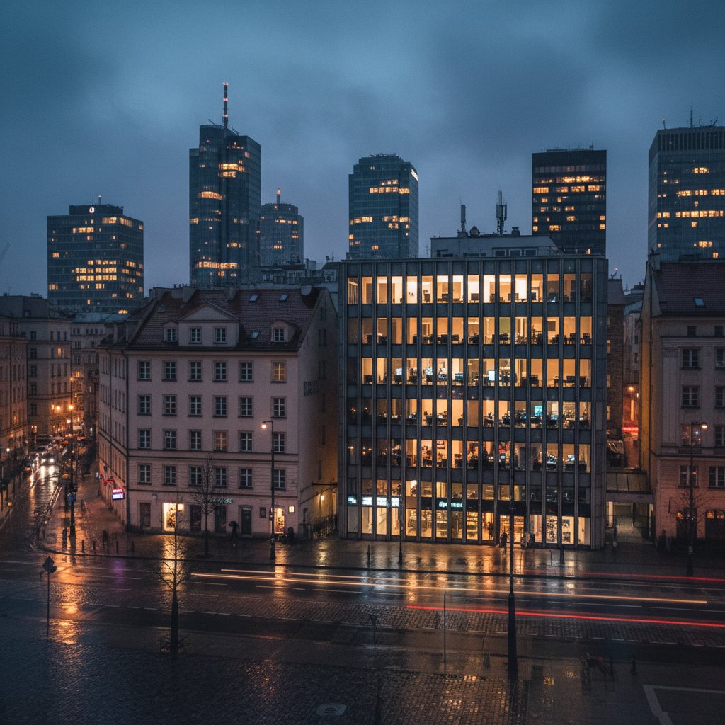 Polskie miasto nocą z wieloma zapalonymi oknami, pokazujące skalę bezsenności