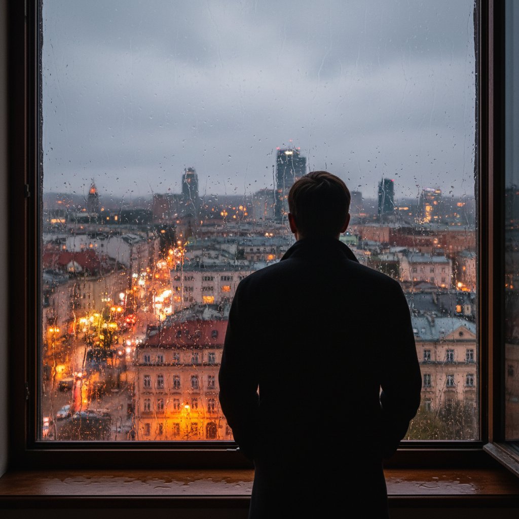Samotna postać przy oknie, symbolizująca zaburzenia więzi w polskim mieście