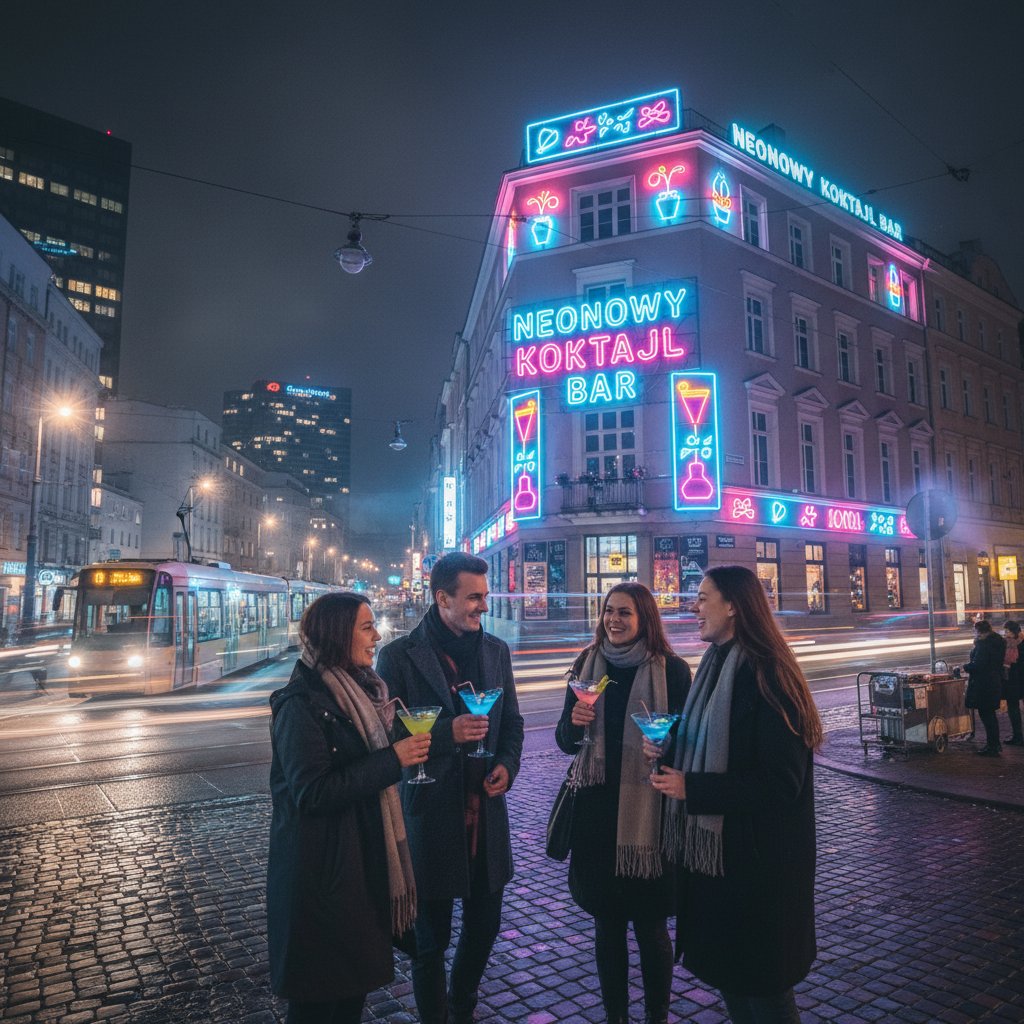 Nocna sceneria polskiego miasta z młodymi dorosłymi, którzy rozmawiają przed barem