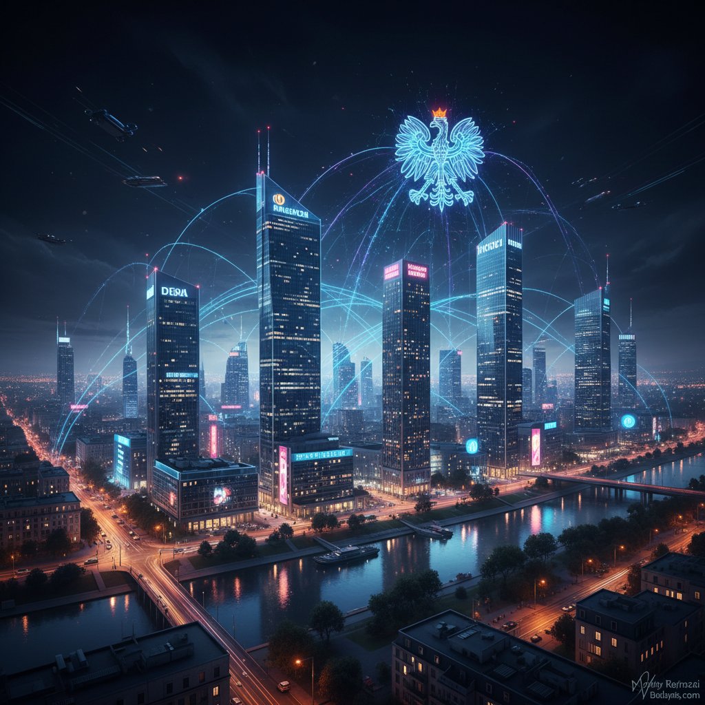 Sieci komputerowe łączące polskie miasta nocą, nowoczesna panorama z siecią połączeń, noc, wysoki kontrast