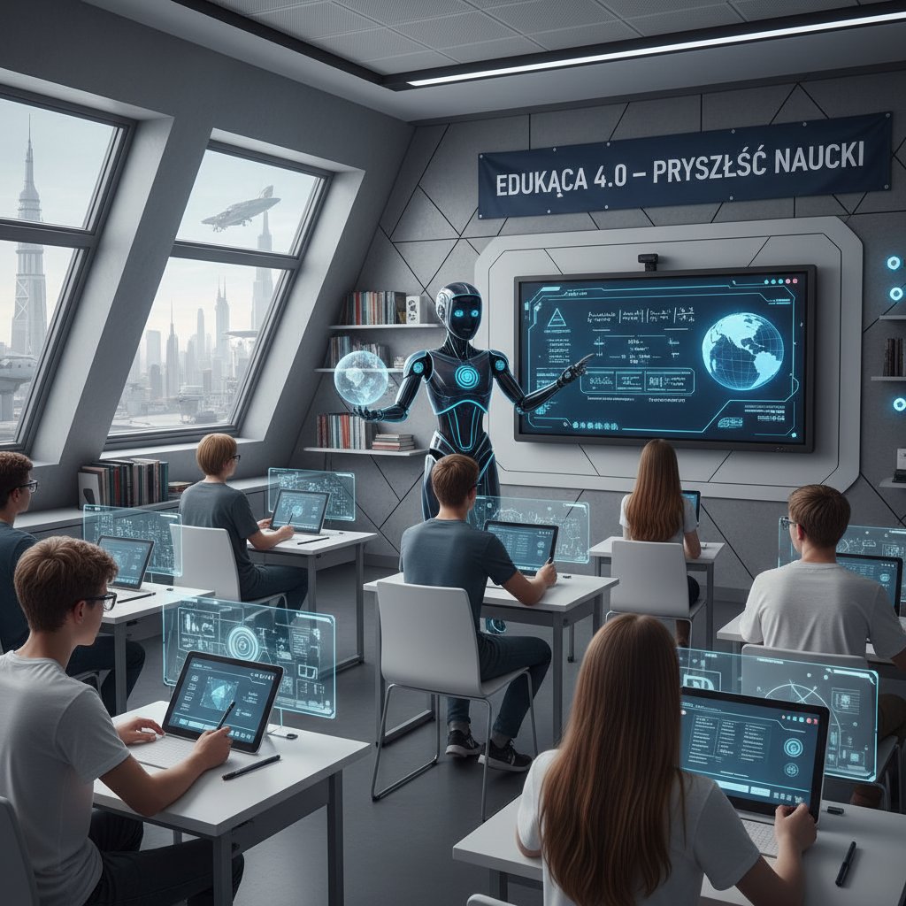 Sala lekcyjna z asystentem AI w polskiej szkole, realistyczne zdjęcie