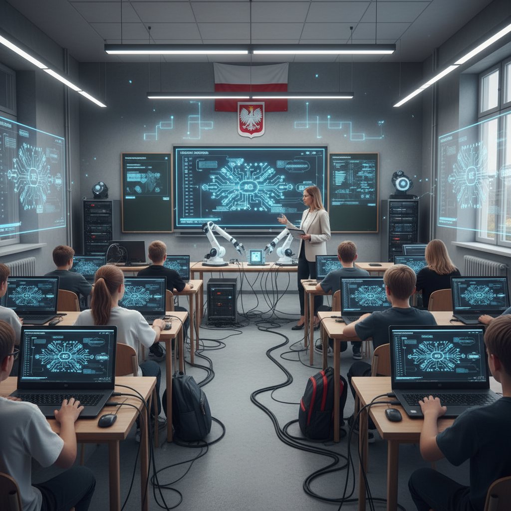 Nowoczesna klasa z AI wspierającą uczniów przy komputerach, cyfrowe schematy, edukacja online